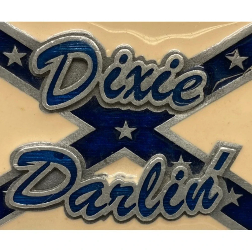 Vintage 2005 DIXIE‎ DARLIN' Belt Buckle, Cream & Blue, Pewter, Made in USA
